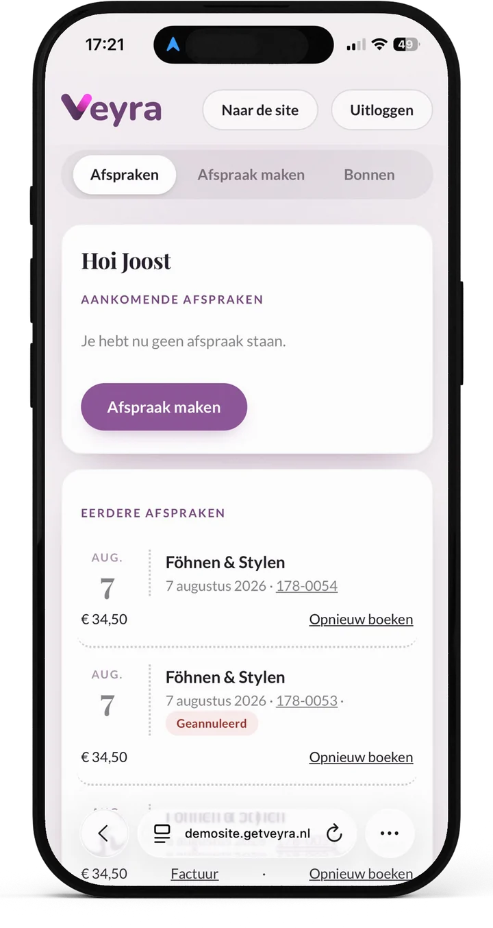 Het klantportaal op een telefoon: afspraken, bonnen en opnieuw boeken
